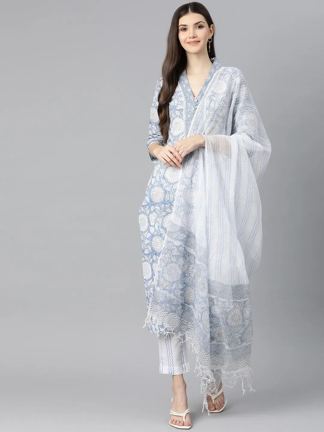 Sky Blue Hand Block Printed Straight Kurta Pant Set With Dupatta