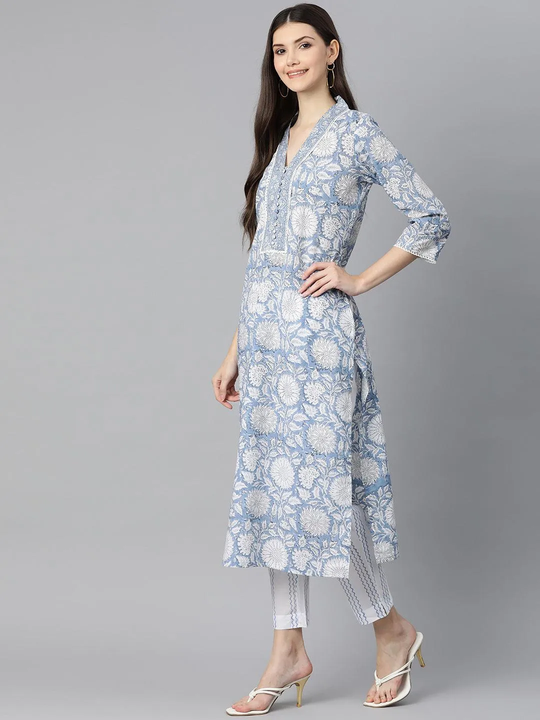 Sky Blue Hand Block Printed Straight Kurta Pant Set With Dupatta