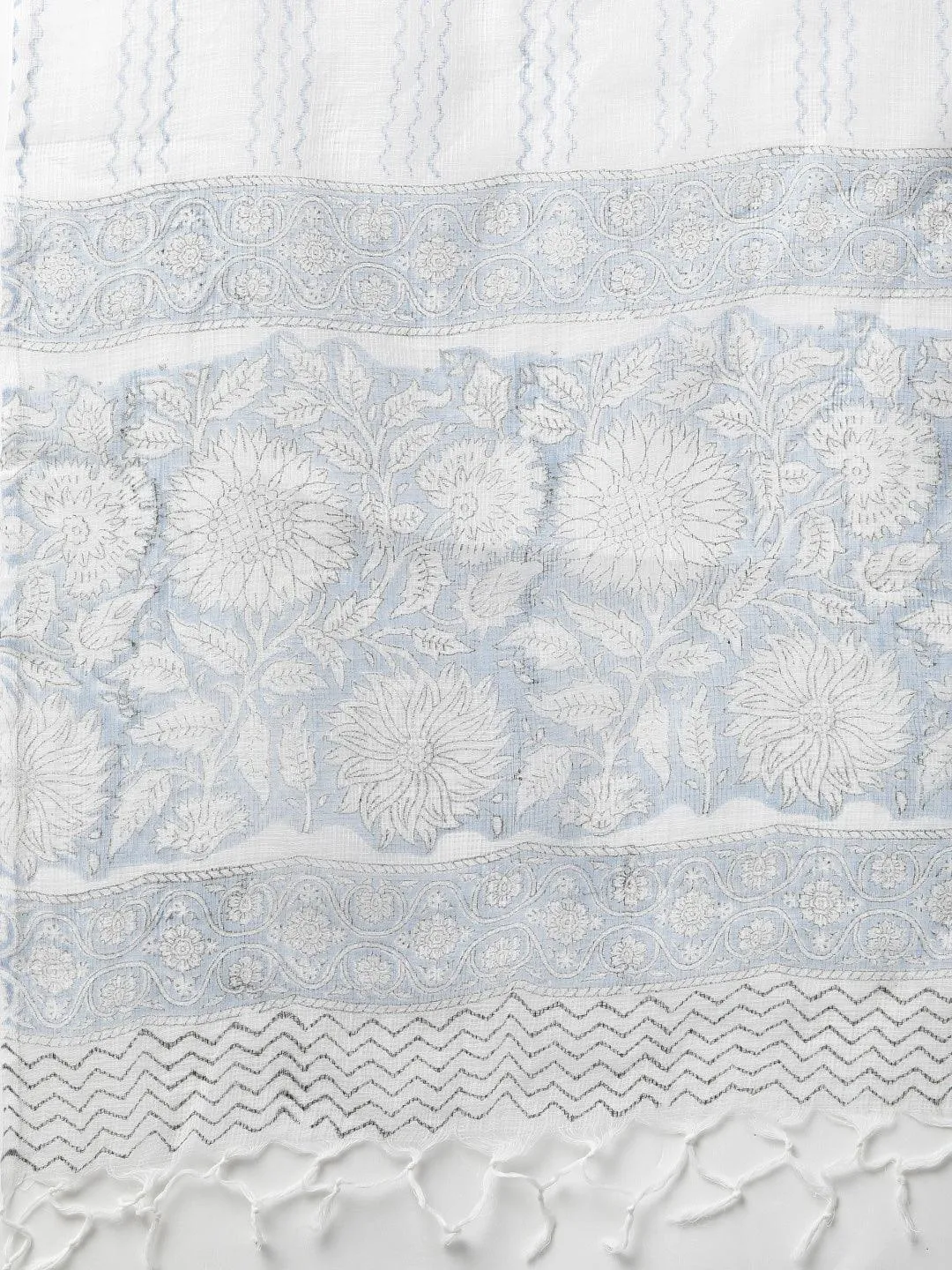 Sky Blue Hand Block Printed Straight Kurta Pant Set With Dupatta