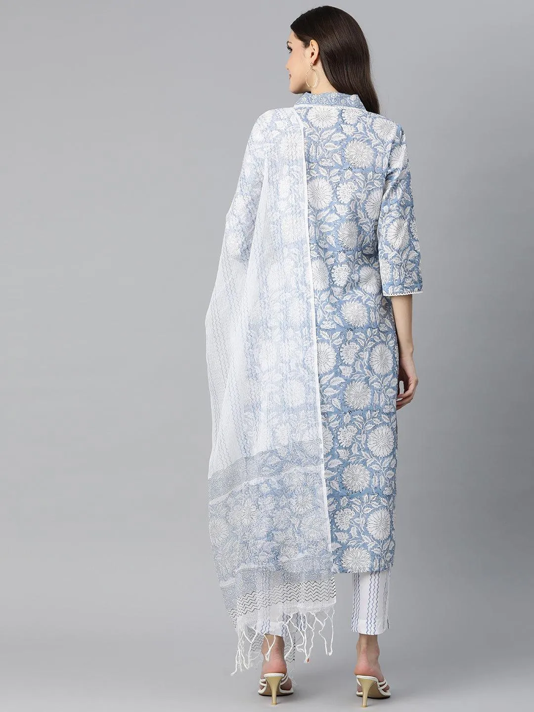 Sky Blue Hand Block Printed Straight Kurta Pant Set With Dupatta