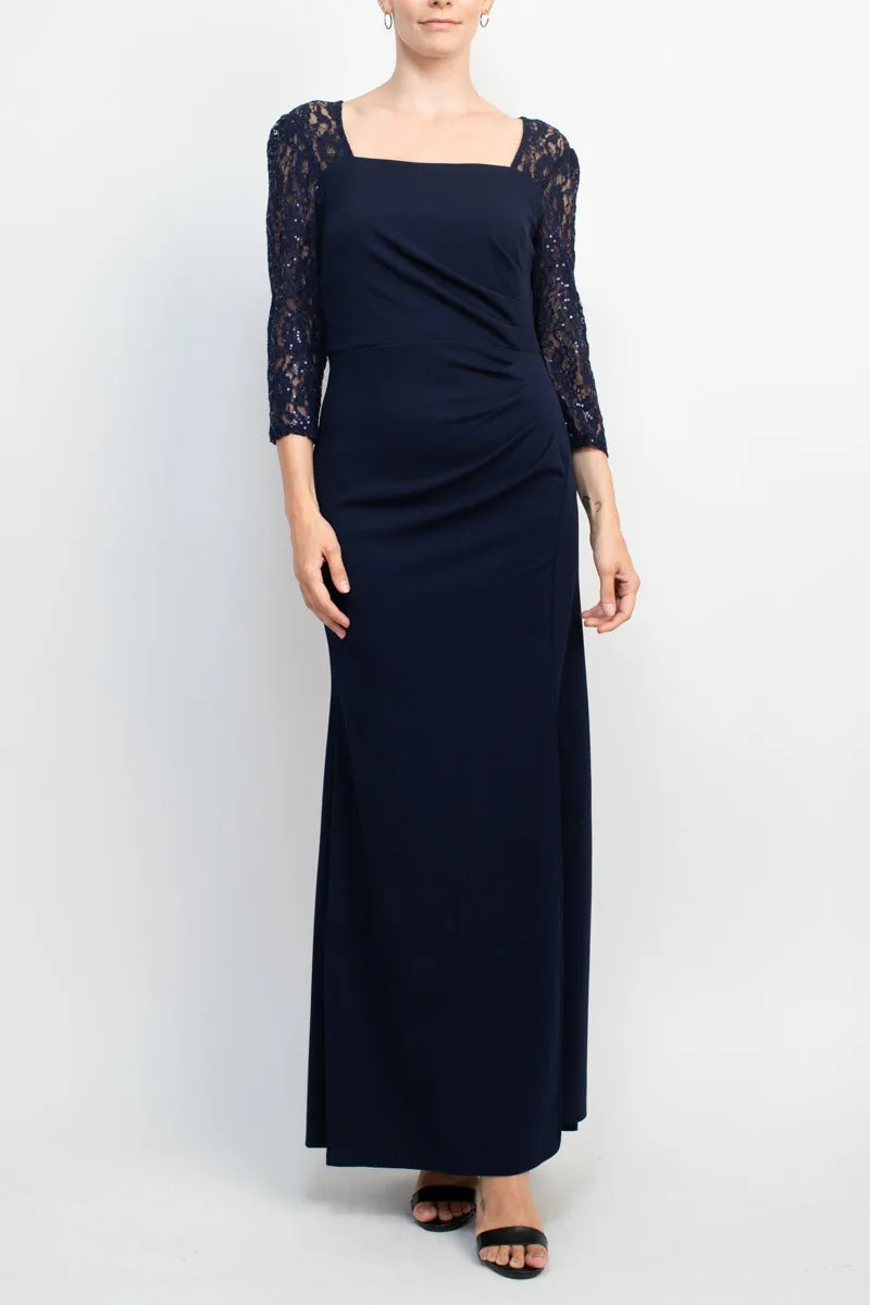 SL Fashion Square Neck 3/4 Sleeve Pleated Side Front Slit Zipper Back Crepe Dress