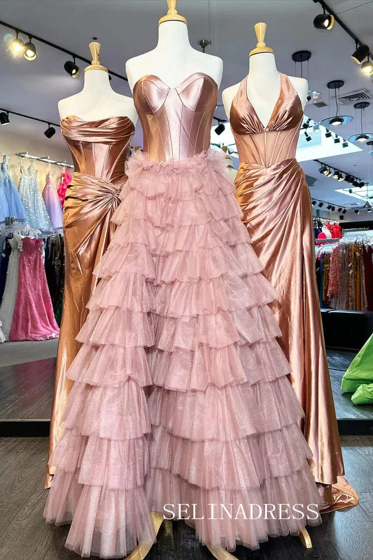 Strapless Satin/Tulle Long Prom Dress with Ruffle Skirt Evening Gowns lpk913