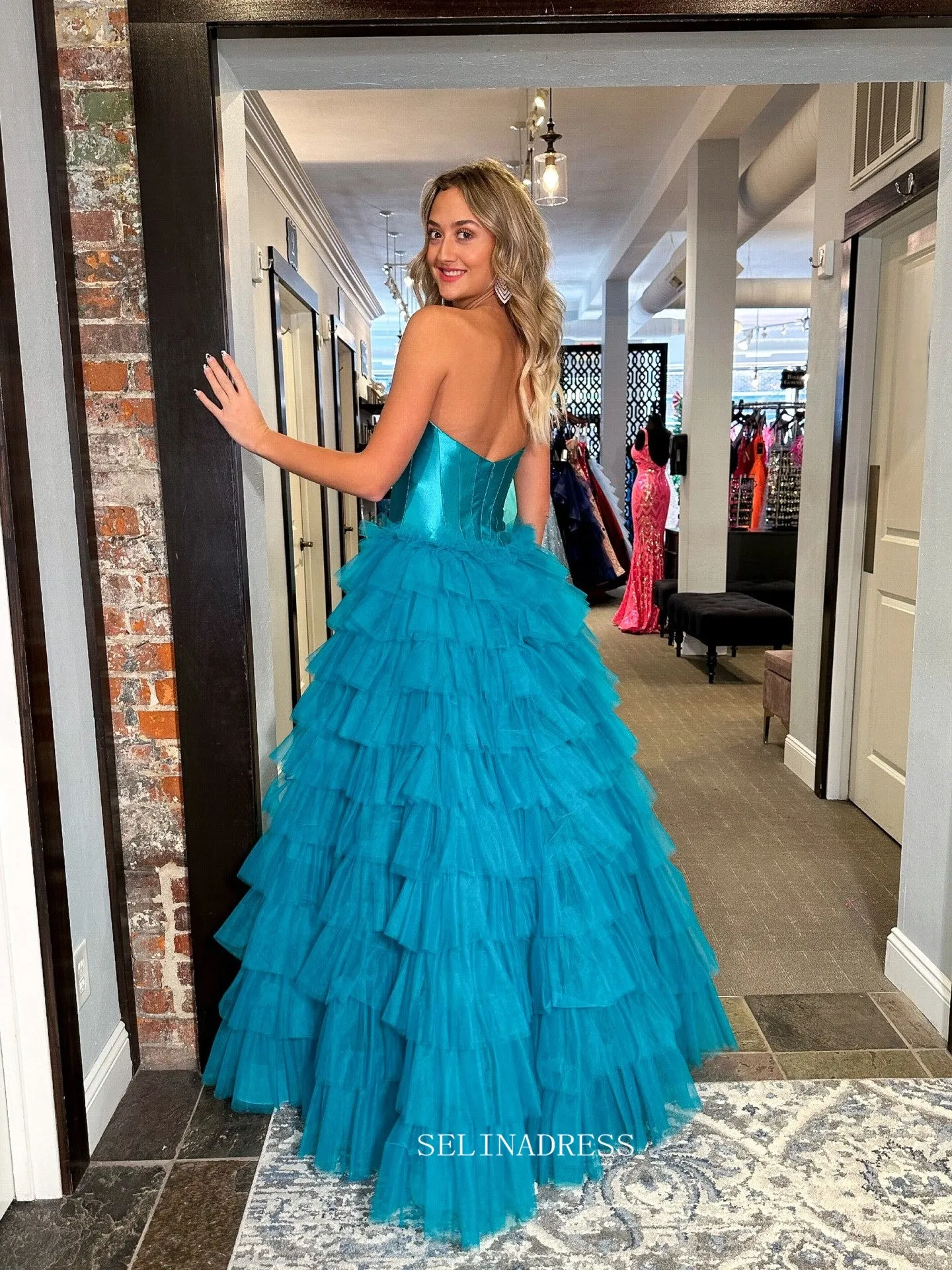 Strapless Satin/Tulle Long Prom Dress with Ruffle Skirt Evening Gowns lpk913