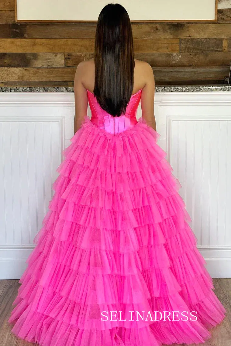 Strapless Satin/Tulle Long Prom Dress with Ruffle Skirt Evening Gowns lpk913