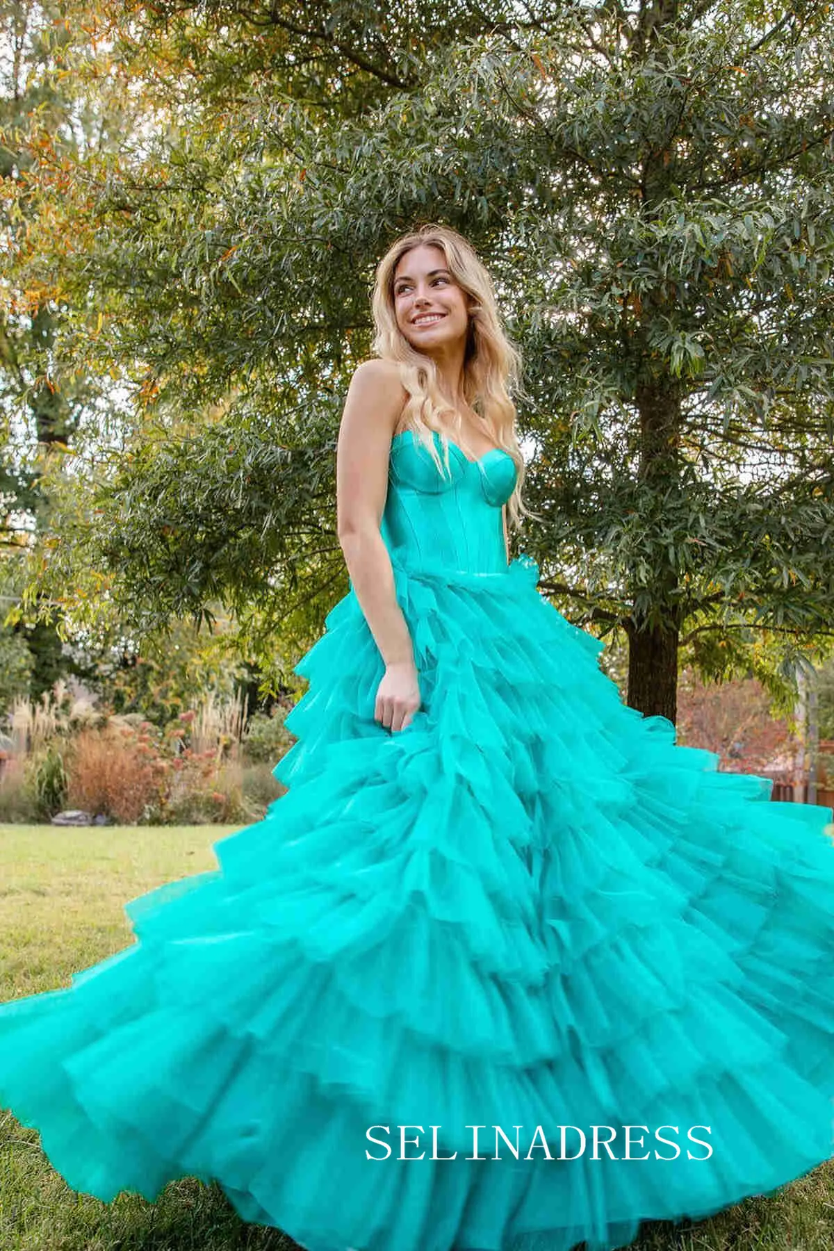Strapless Satin/Tulle Long Prom Dress with Ruffle Skirt Evening Gowns lpk913