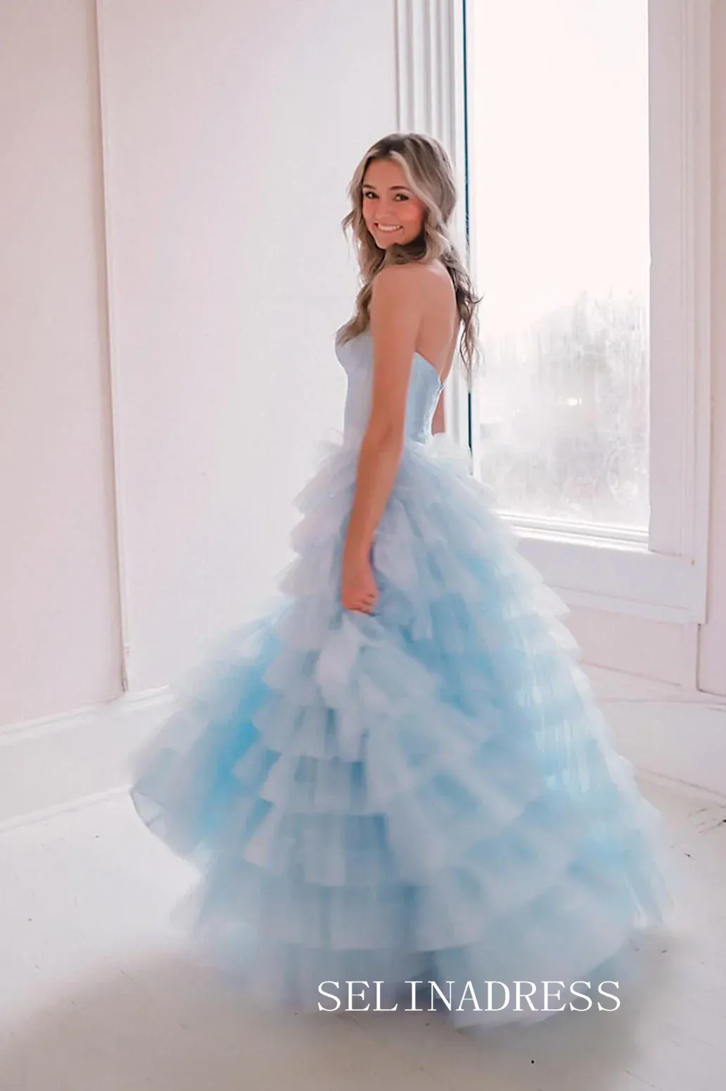 Strapless Satin/Tulle Long Prom Dress with Ruffle Skirt Evening Gowns lpk913