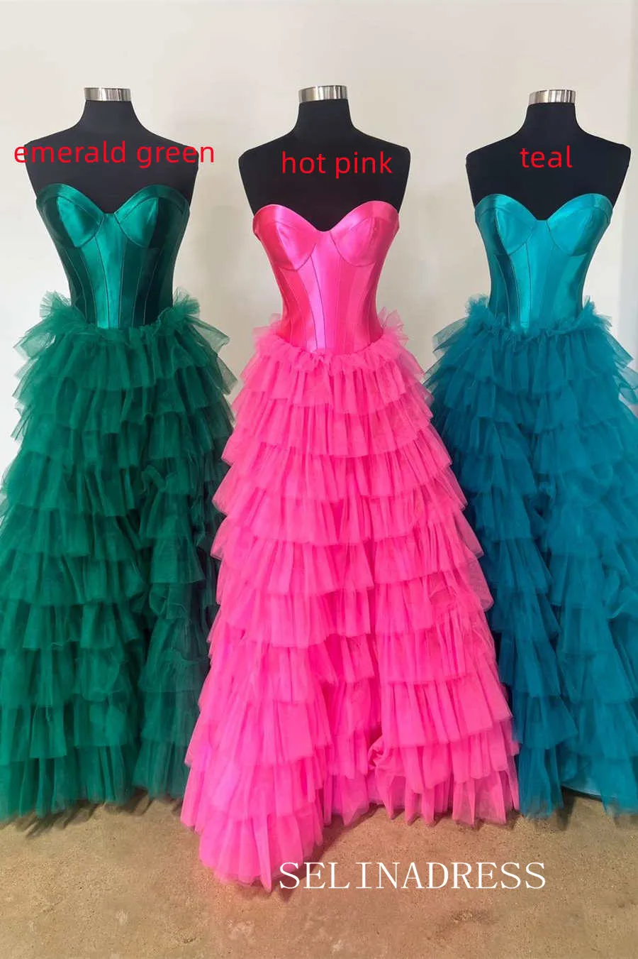 Strapless Satin/Tulle Long Prom Dress with Ruffle Skirt Evening Gowns lpk913