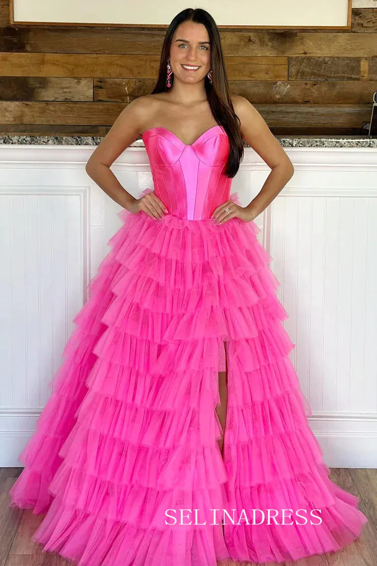 Strapless Satin/Tulle Long Prom Dress with Ruffle Skirt Evening Gowns lpk913