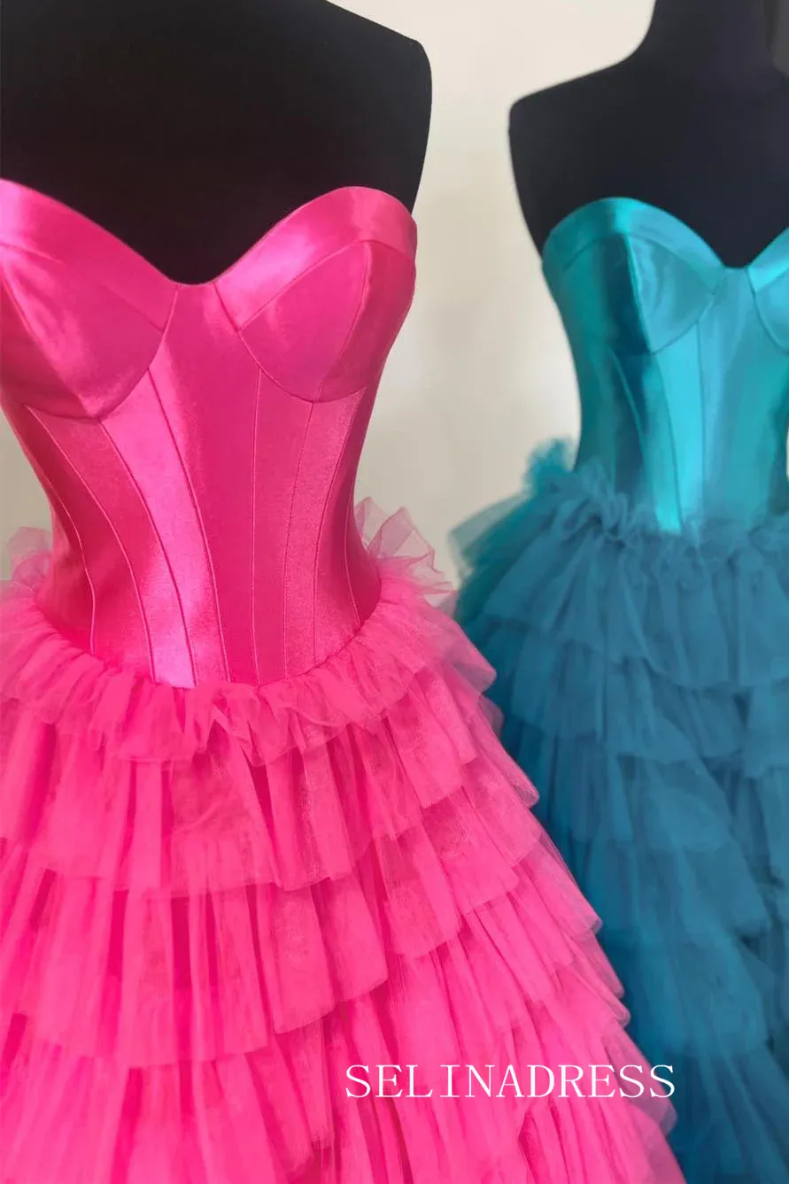 Strapless Satin/Tulle Long Prom Dress with Ruffle Skirt Evening Gowns lpk913