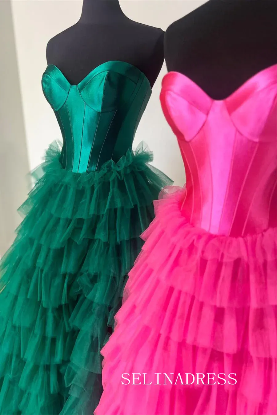 Strapless Satin/Tulle Long Prom Dress with Ruffle Skirt Evening Gowns lpk913