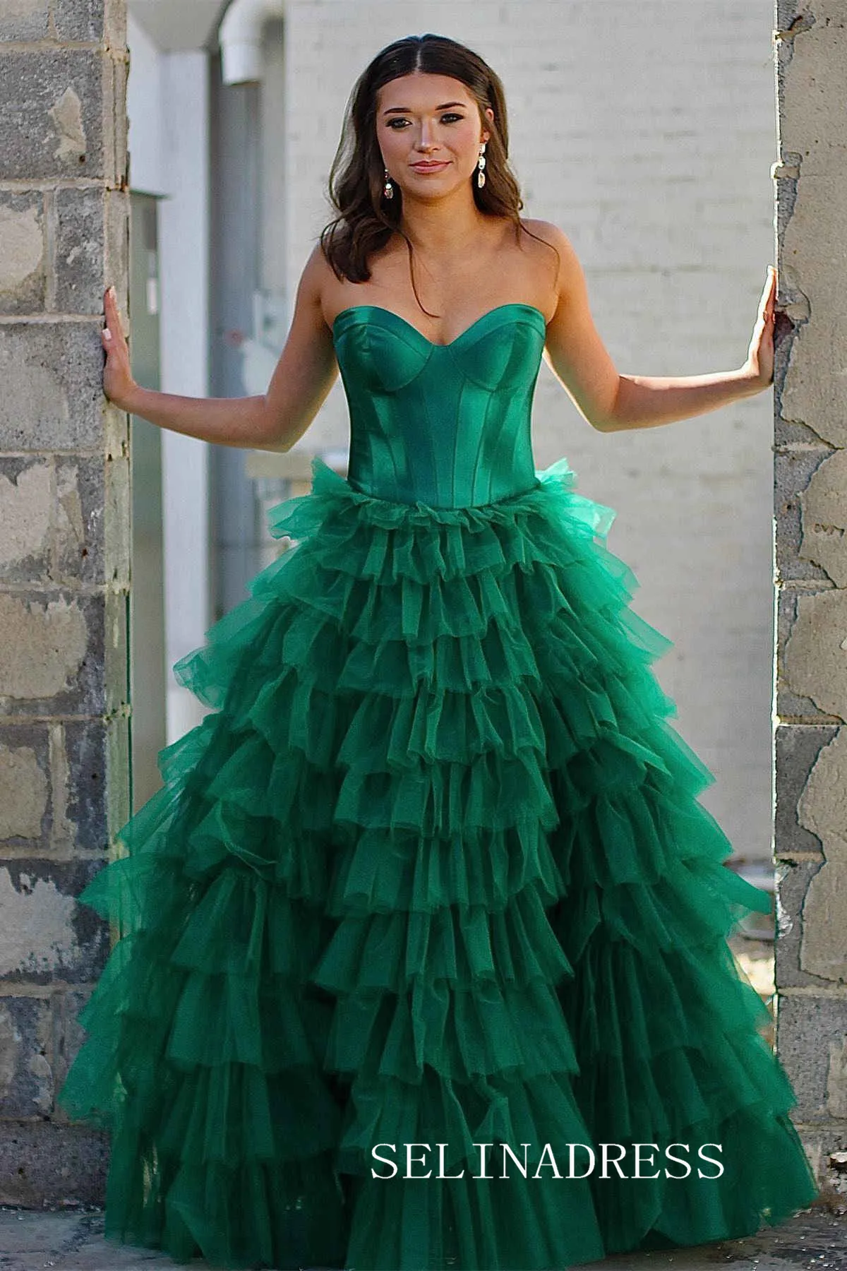 Strapless Satin/Tulle Long Prom Dress with Ruffle Skirt Evening Gowns lpk913