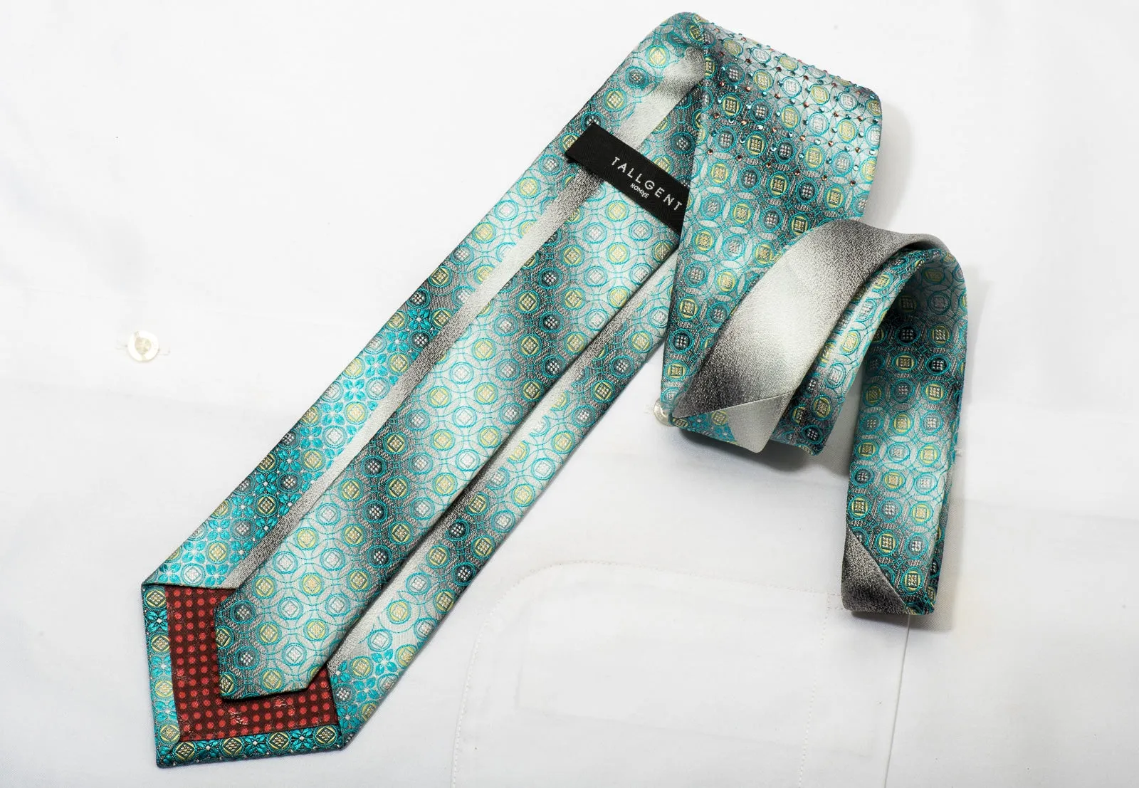 Tallgent Men's Rhinestone Silk Tie Turqoise Geometric On Silver With Silver Sparkles