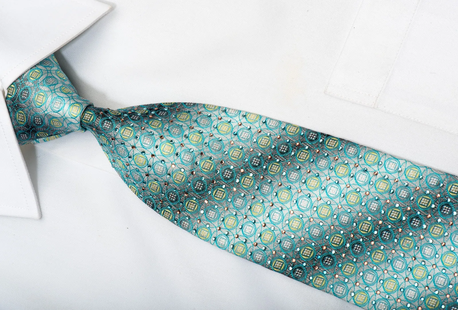 Tallgent Men's Rhinestone Silk Tie Turqoise Geometric On Silver With Silver Sparkles