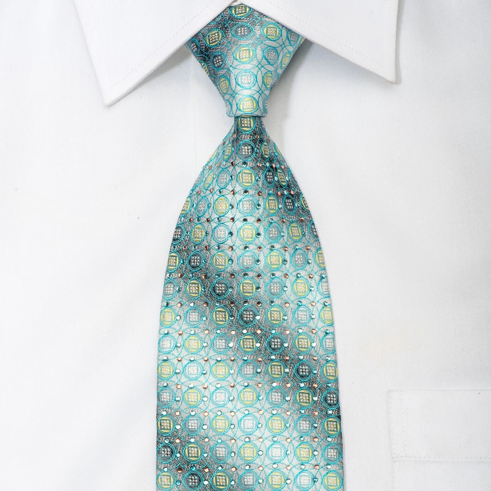 Tallgent Men's Rhinestone Silk Tie Turqoise Geometric On Silver With Silver Sparkles