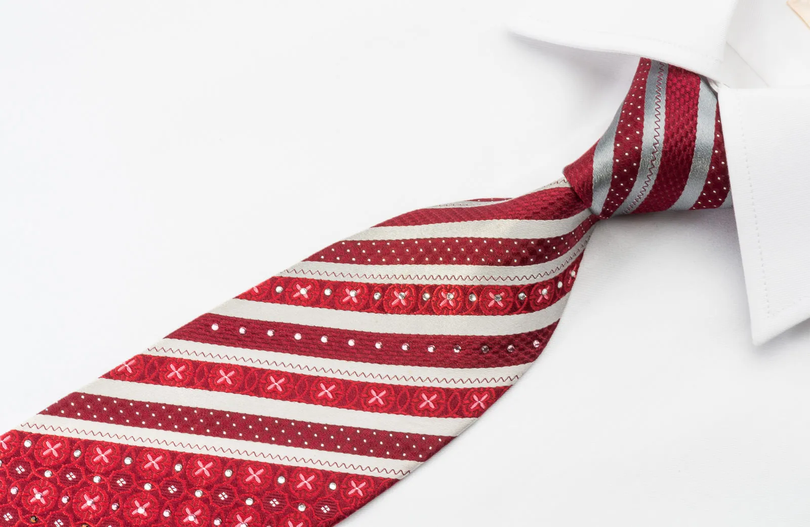 Tallgent Silk Rhinestone Necktie Stripes On Red With Silver Sparkles
