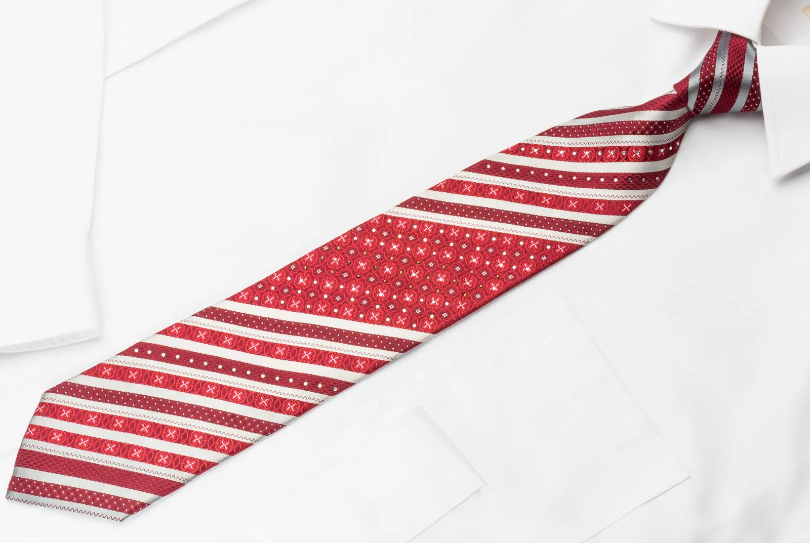 Tallgent Silk Rhinestone Necktie Stripes On Red With Silver Sparkles