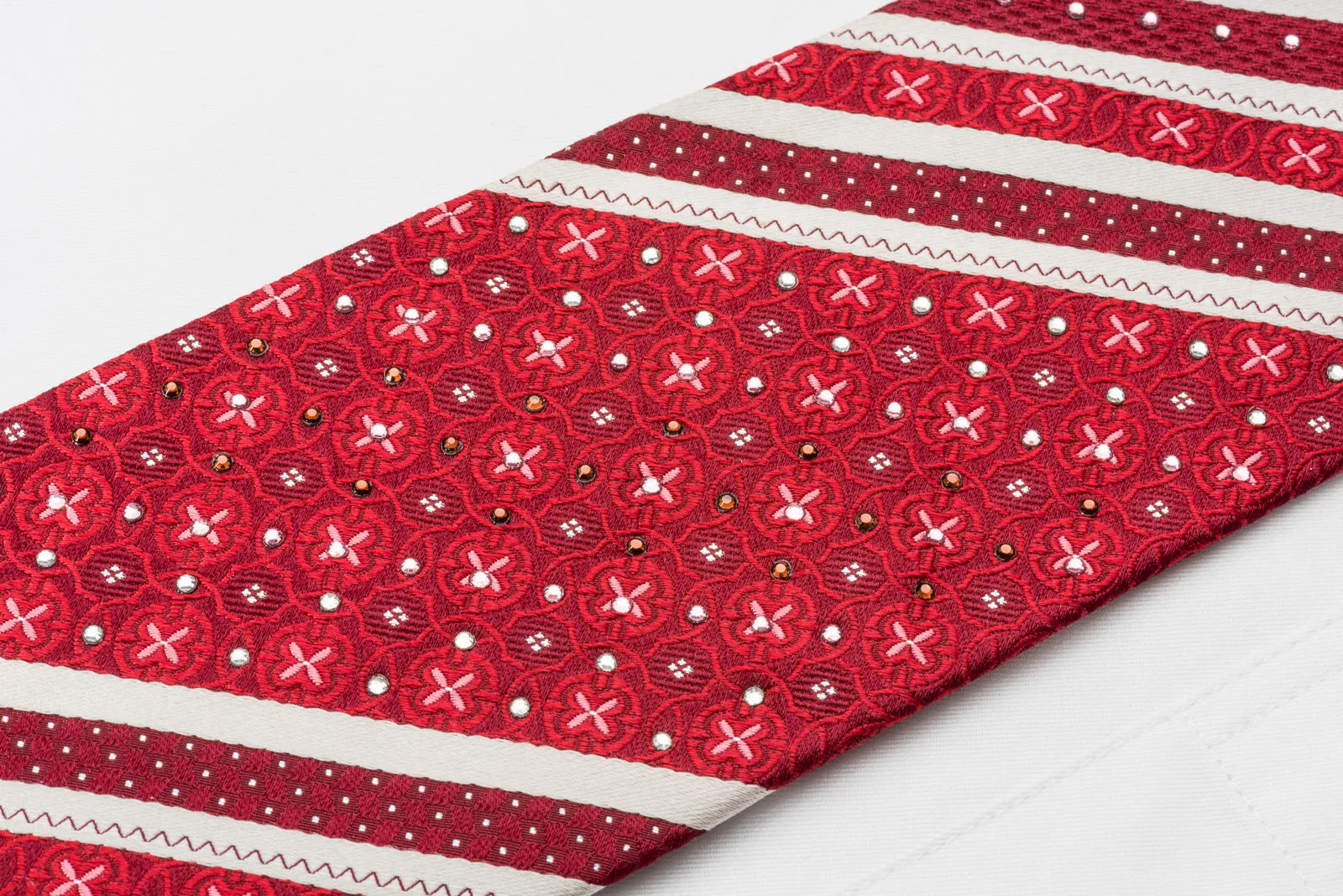 Tallgent Silk Rhinestone Necktie Stripes On Red With Silver Sparkles