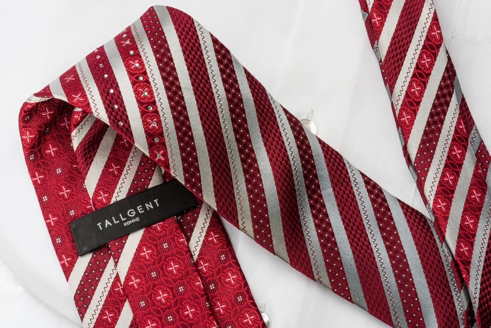 Tallgent Silk Rhinestone Necktie Stripes On Red With Silver Sparkles
