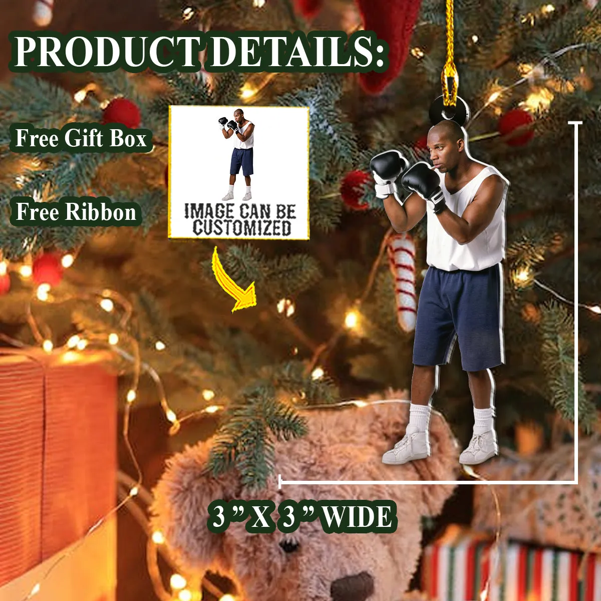 Teesdily | Customized Cool Boxer Christmas Ornament Boxing Fans Gift Hanging Ornament Boxers Gift Christmas Decoration Unique Custom Photo Ornaments