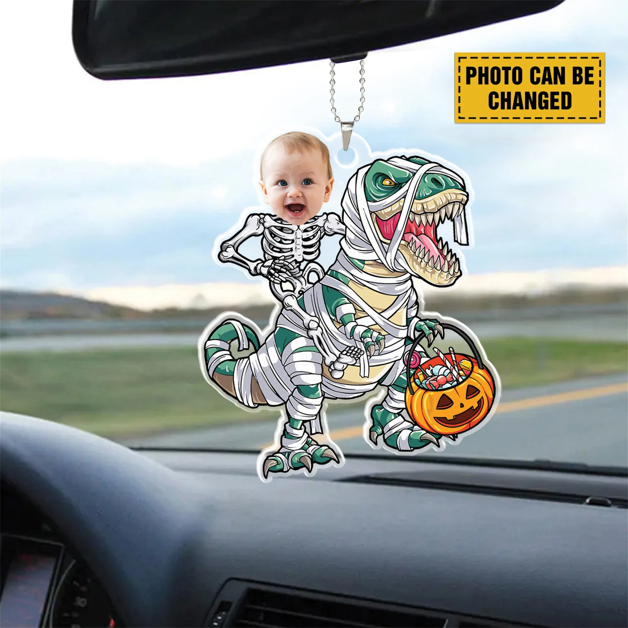 Teesdily | Customized Funny Dinosaur Pumpkin Halloween Ornament, Skeleton Kid Pumpkin Ornament Car Hanging, Trick Or Treat Ornament, Halloween Gift