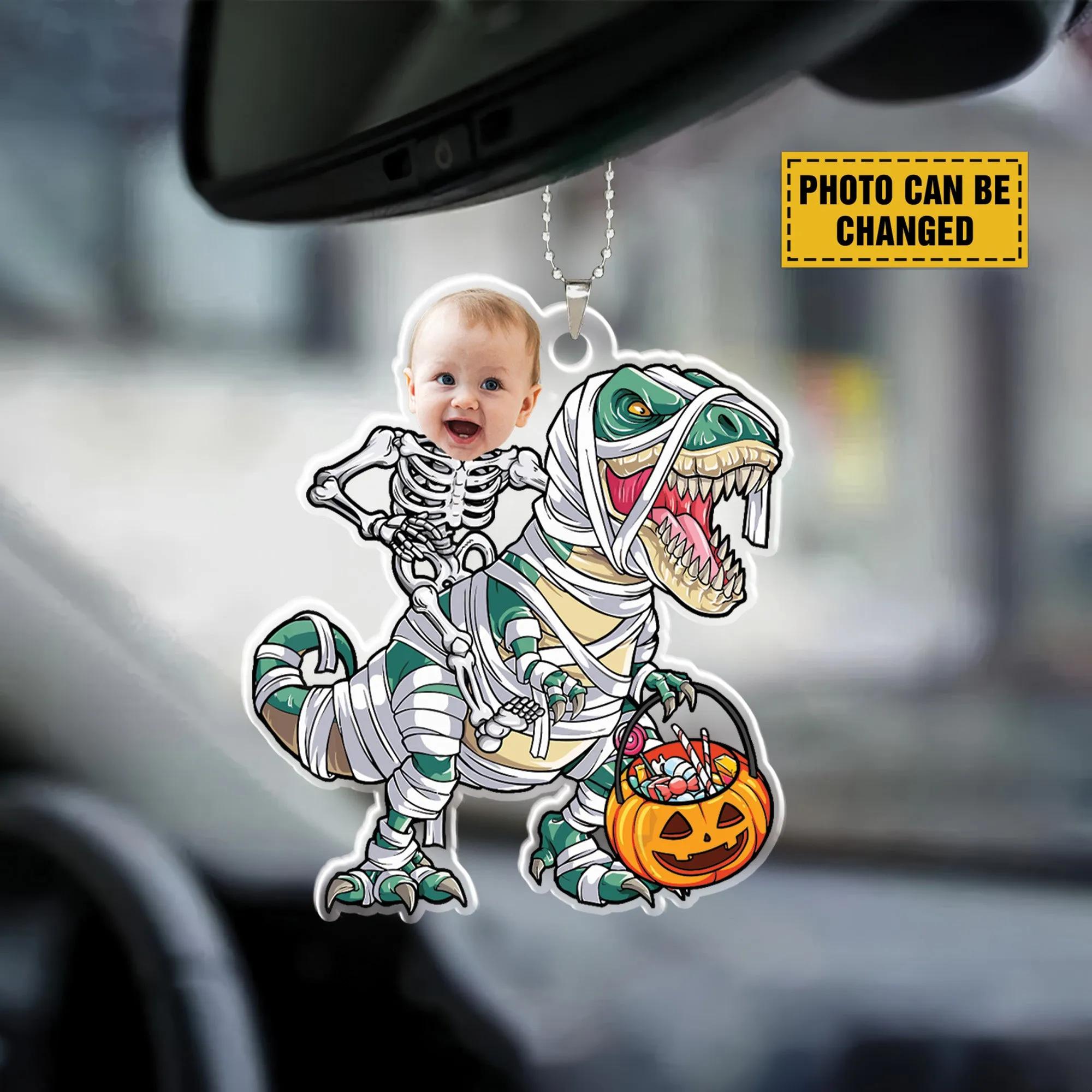 Teesdily | Customized Funny Dinosaur Pumpkin Halloween Ornament, Skeleton Kid Pumpkin Ornament Car Hanging, Trick Or Treat Ornament, Halloween Gift