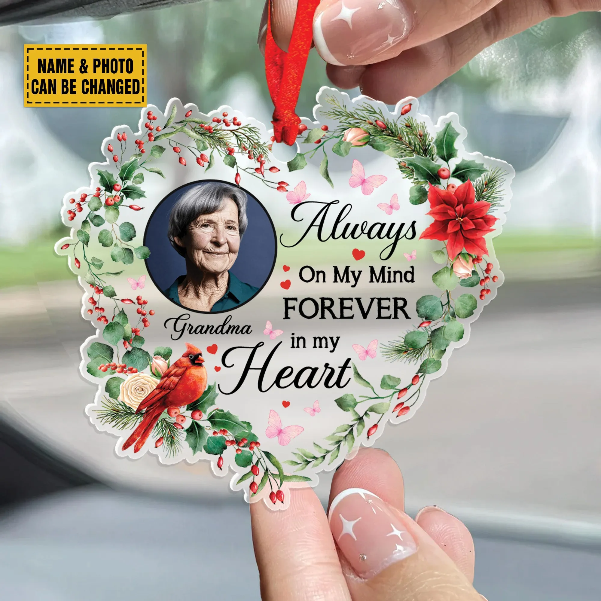 Teesdily | Customized Memorial Christmas Ornament, Always On My Mind Forever In My Heart Cardinal Ornament, Loss Of Grandma Ornament, Christmas Gift
