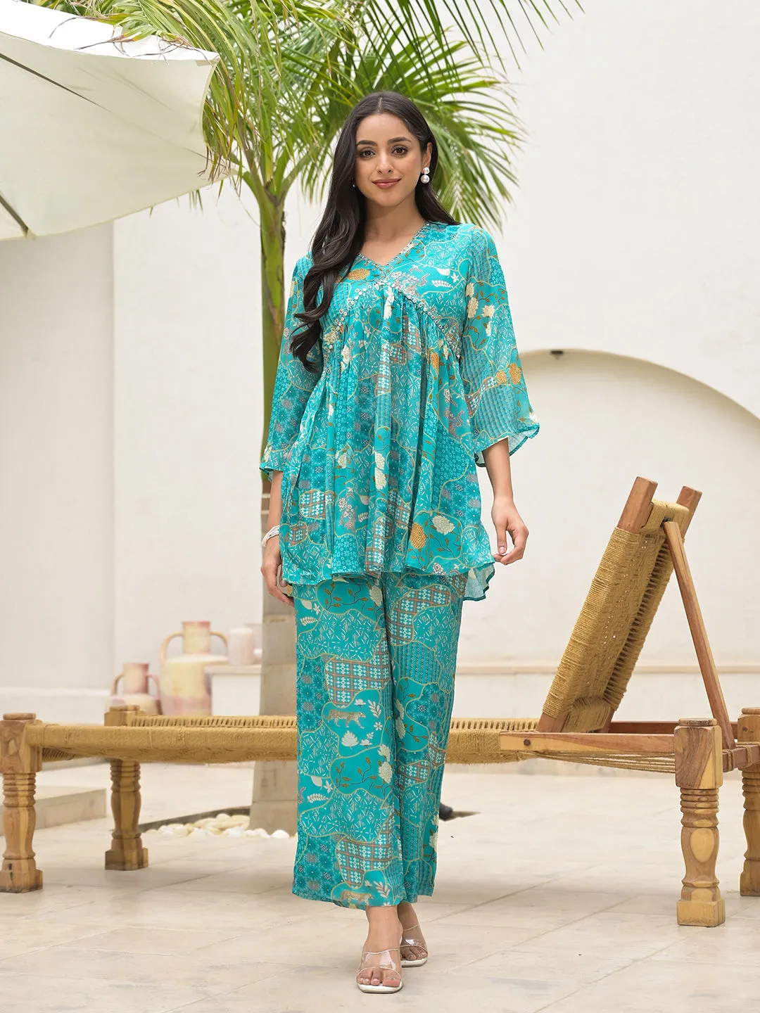 Turquoise Digital Print Muslin Co-Ord Set
