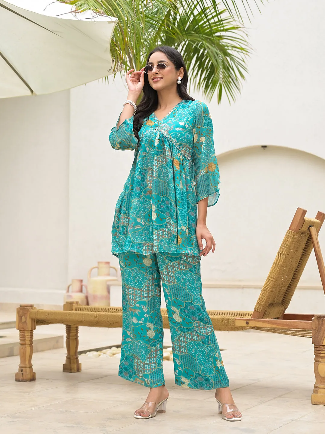 Turquoise Digital Print Muslin Co-Ord Set