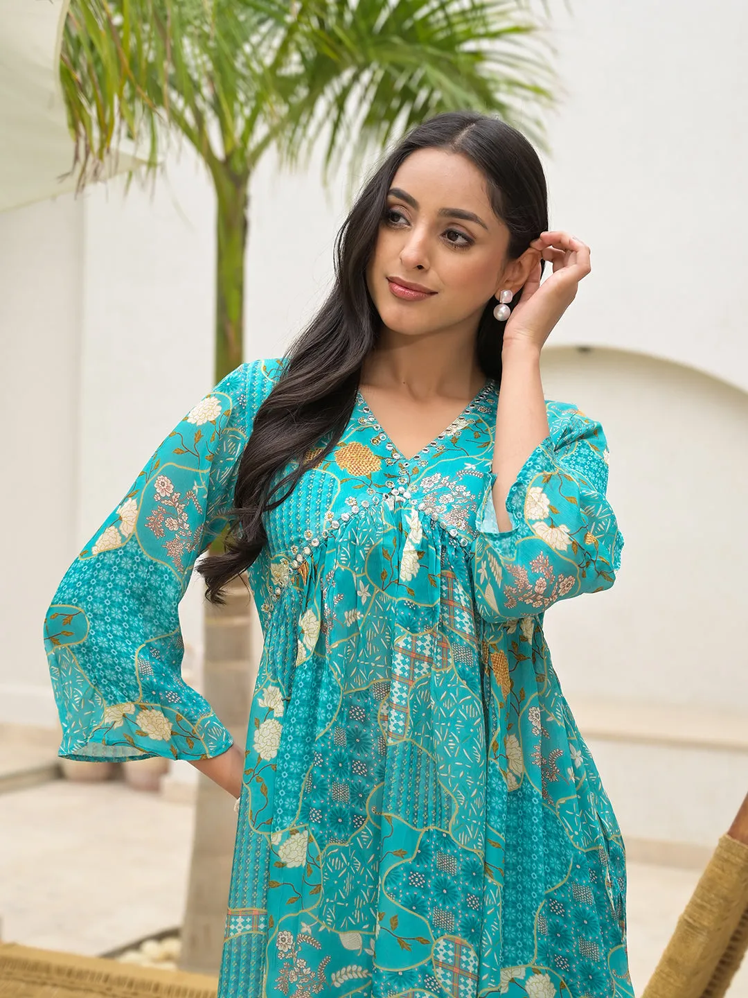 Turquoise Digital Print Muslin Co-Ord Set