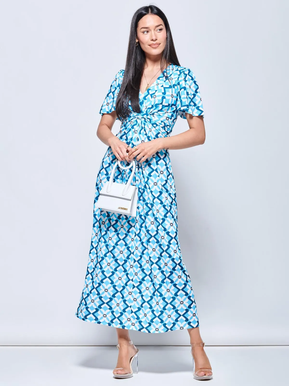 Twist Front Jersey Maxi Dress, Blue Geo