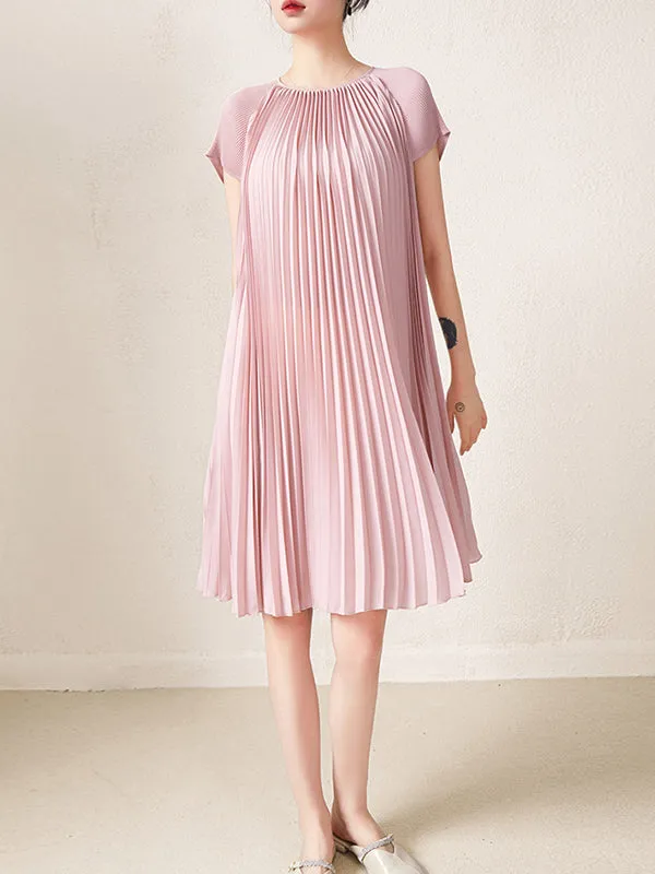 Urban Loose Pleated Solid Color Round-Neck Mini Dresses