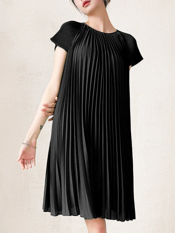 Urban Loose Pleated Solid Color Round-Neck Mini Dresses