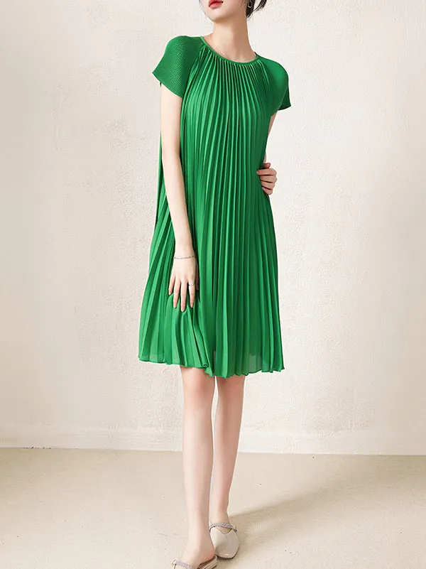 Urban Loose Pleated Solid Color Round-Neck Mini Dresses