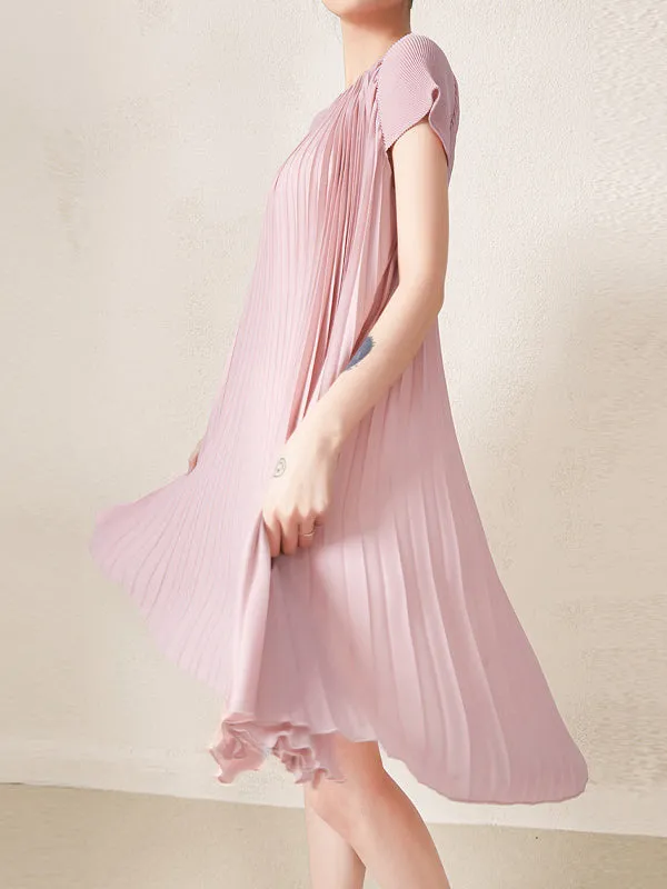 Urban Loose Pleated Solid Color Round-Neck Mini Dresses