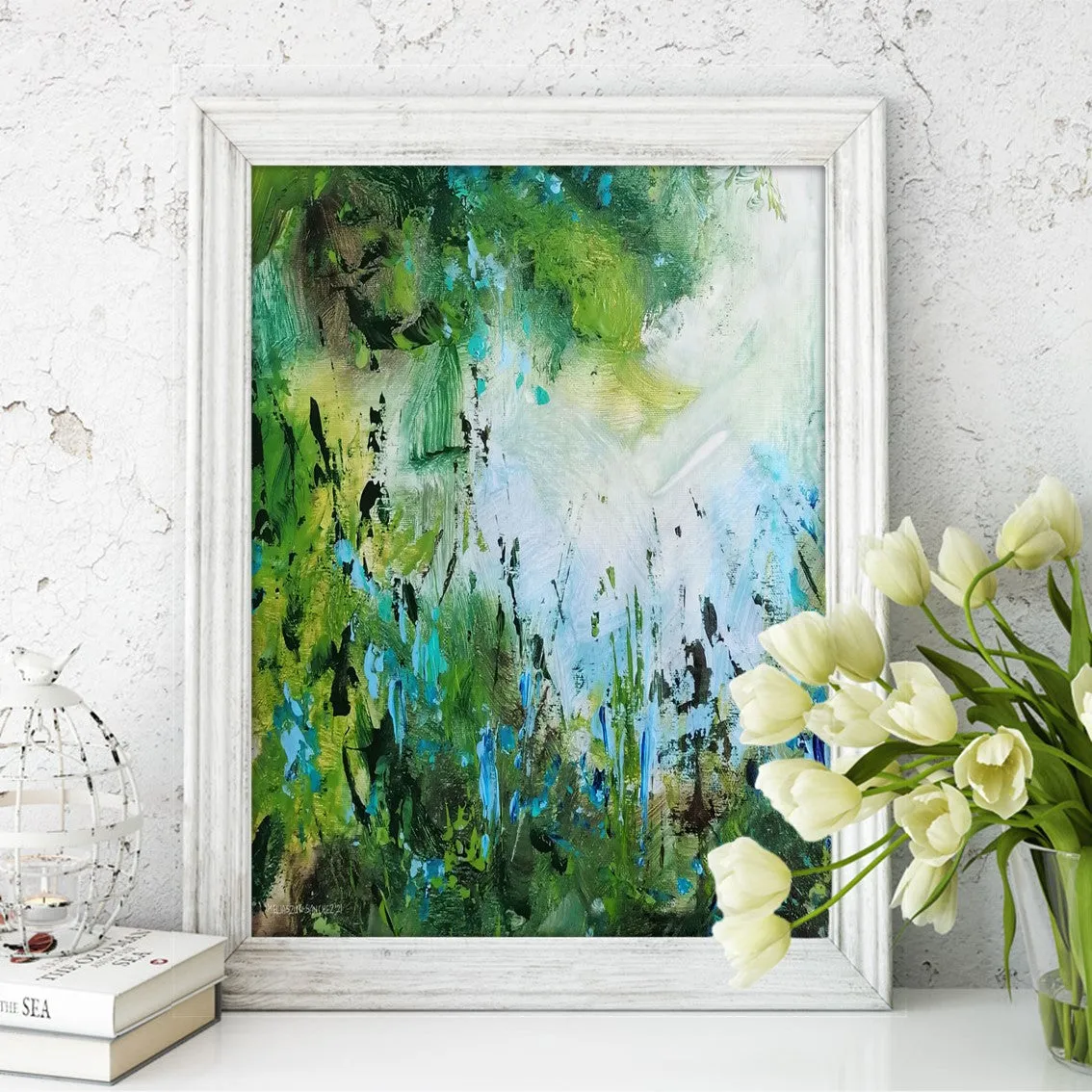 Vertical blue & green abstract floral wall art print