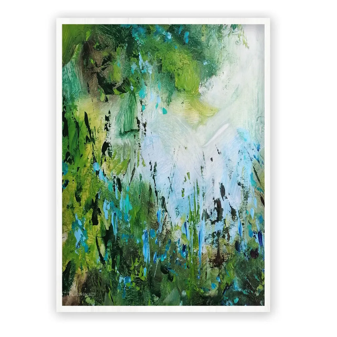 Vertical blue & green abstract floral wall art print