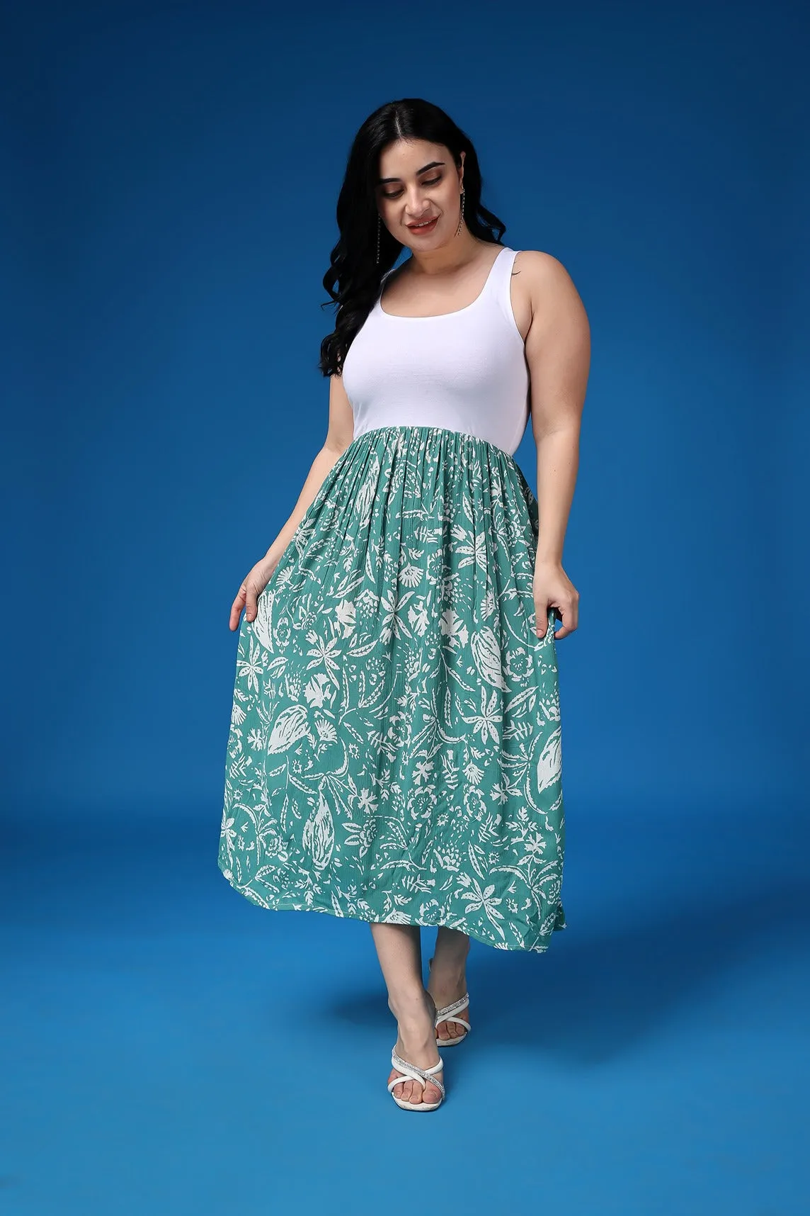 White & Green Leaf Printed Dress