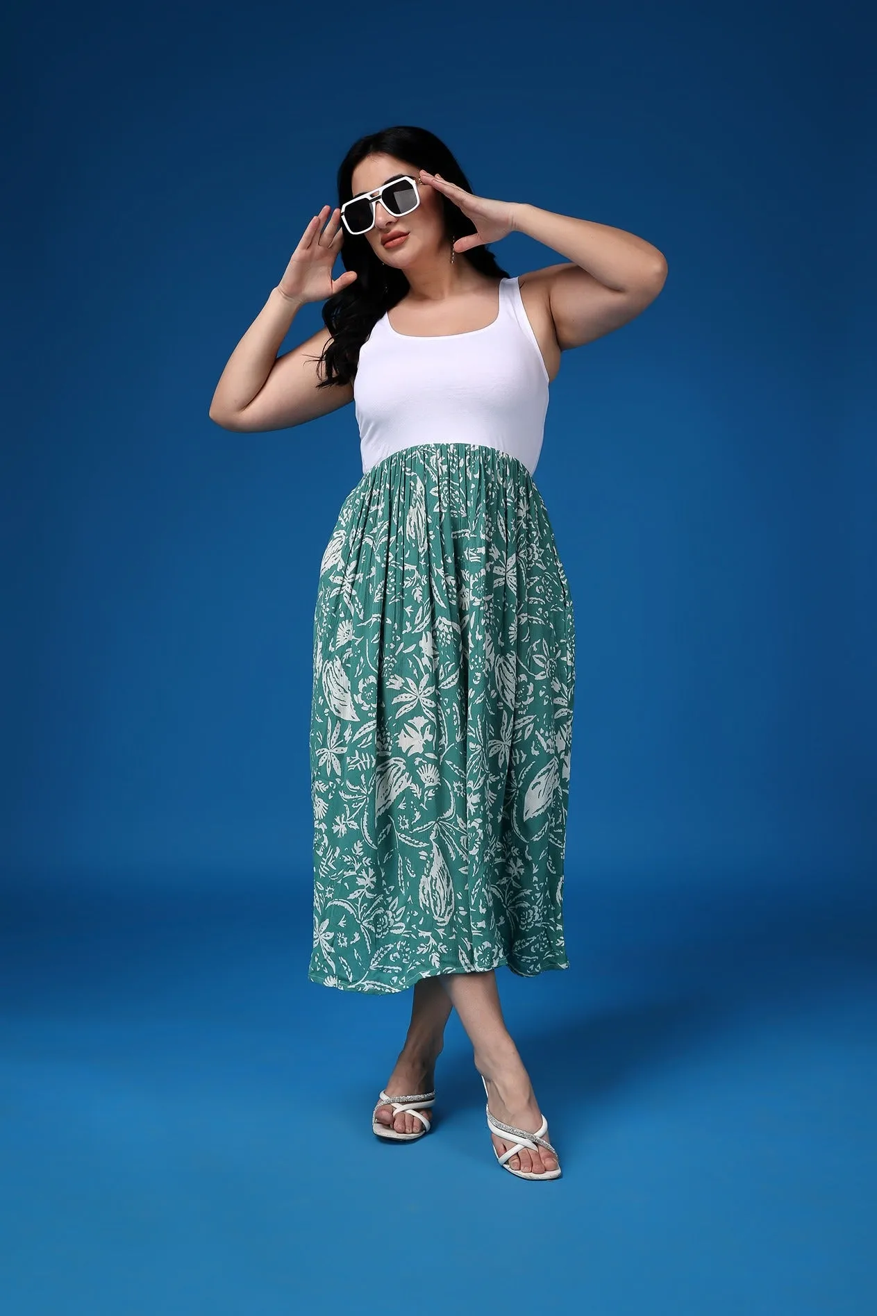 White & Green Leaf Printed Dress