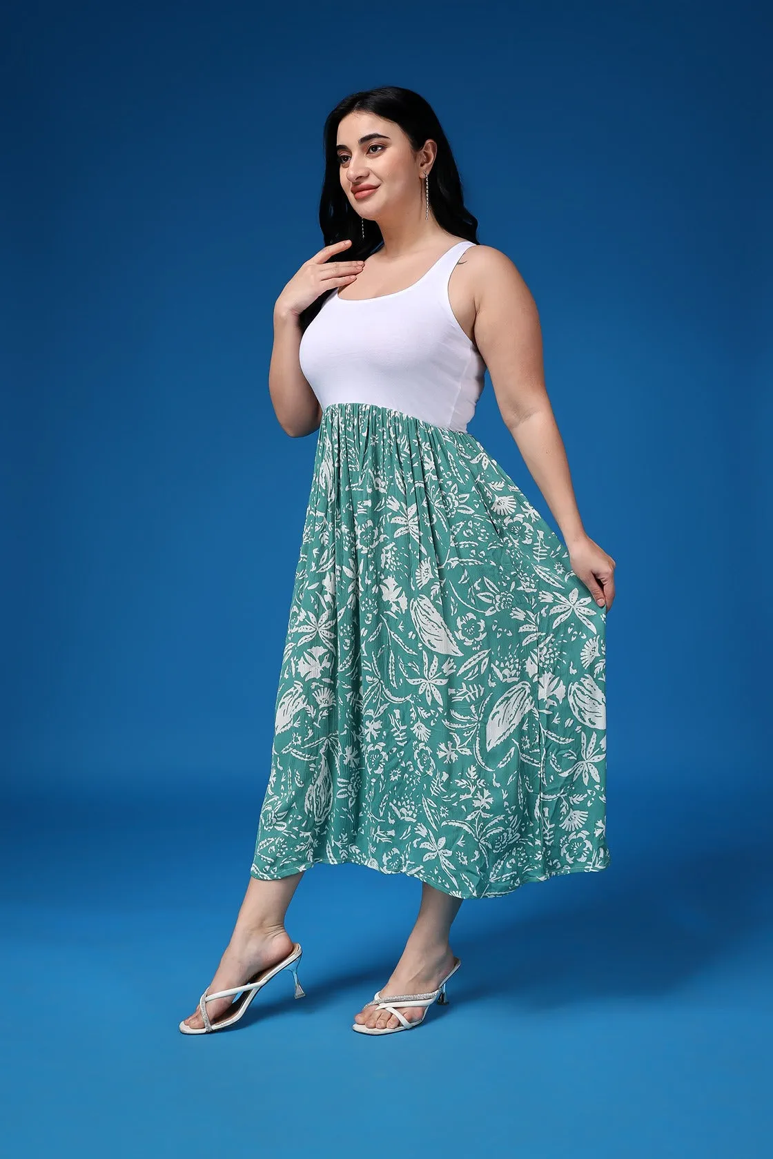 White & Green Leaf Printed Dress