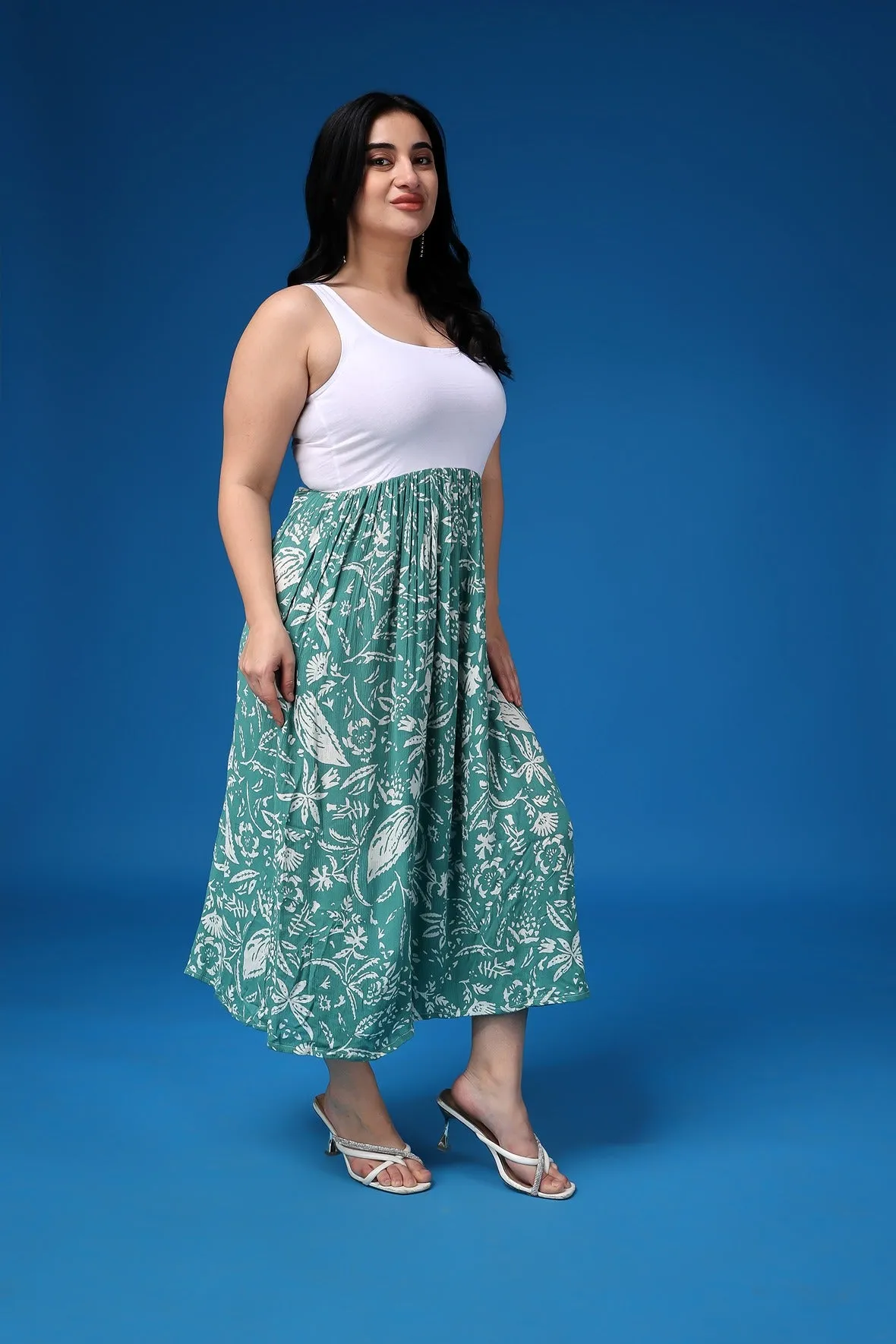 White & Green Leaf Printed Dress
