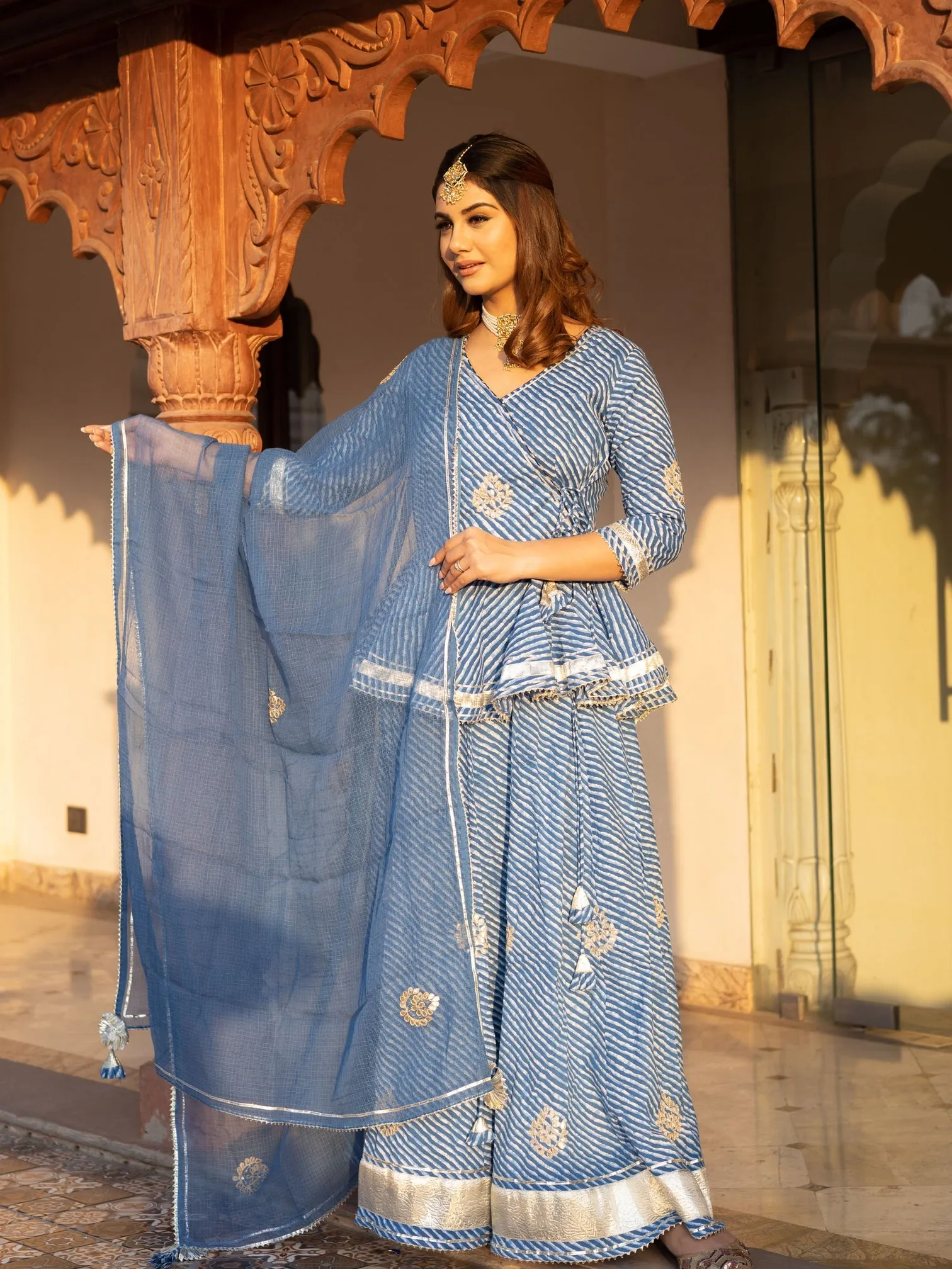 Women Blue Lehriya Lehenga Dupatta Set