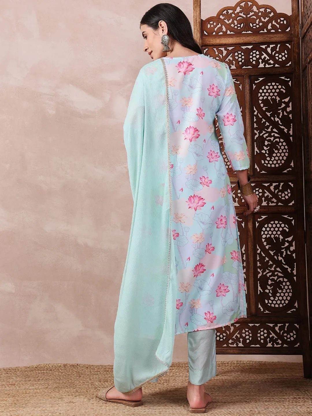 Women Blue Polyester Floral Printed Straight Kurta Trouser With Dupatta