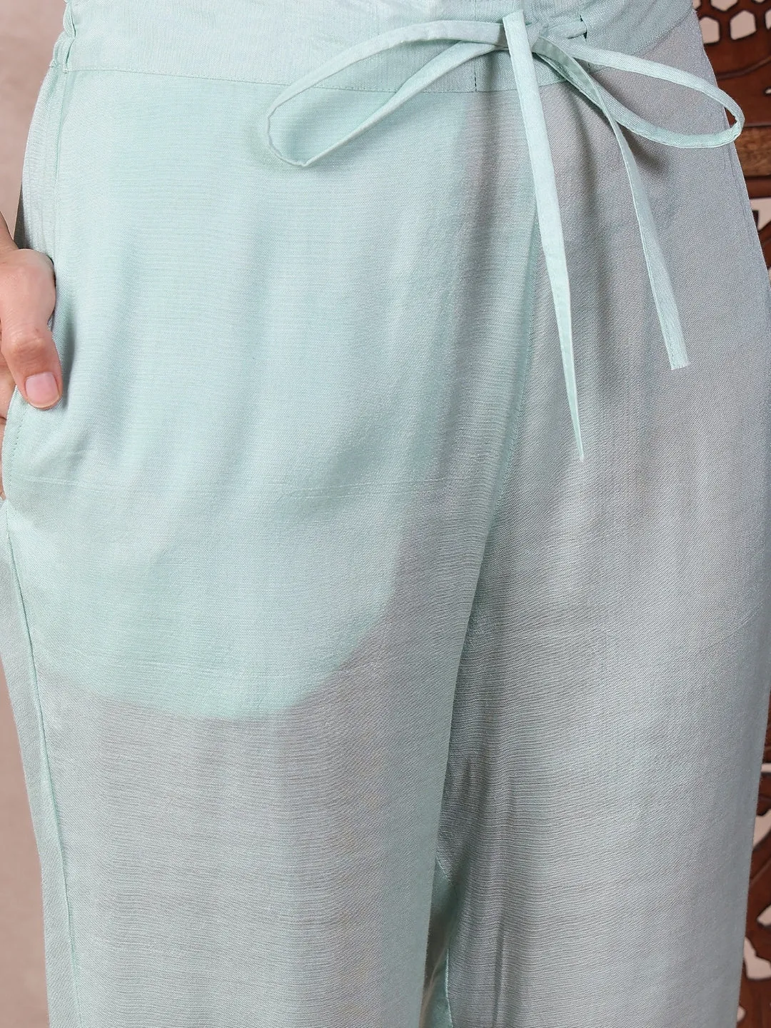 Women Blue Polyester Floral Printed Straight Kurta Trouser With Dupatta