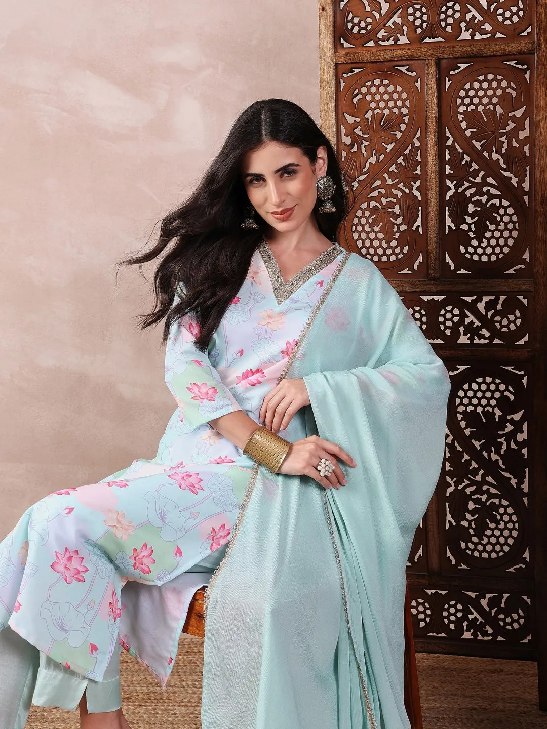 Women Blue Polyester Floral Printed Straight Kurta Trouser With Dupatta