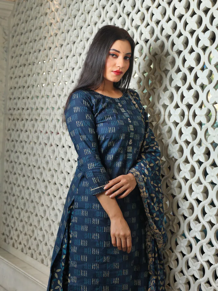 Women Indigo Kurta Set With Palazzo And Dupatta