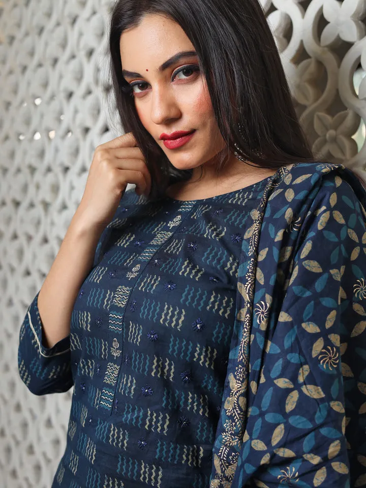 Women Indigo Kurta Set With Palazzo And Dupatta