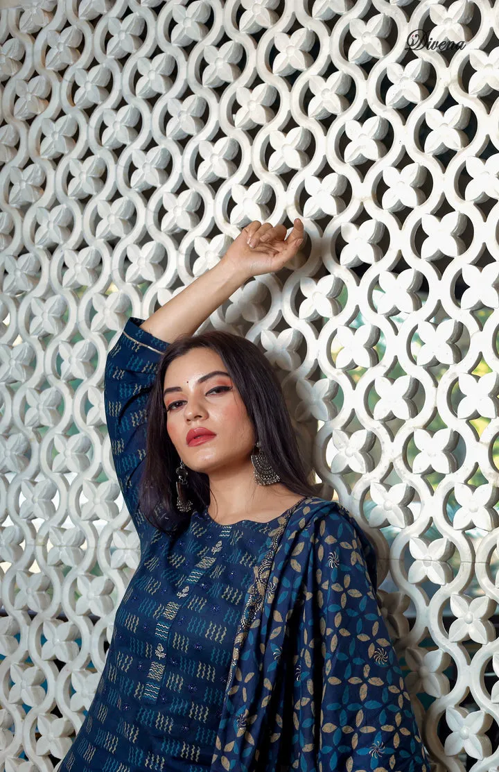 Women Indigo Kurta Set With Palazzo And Dupatta