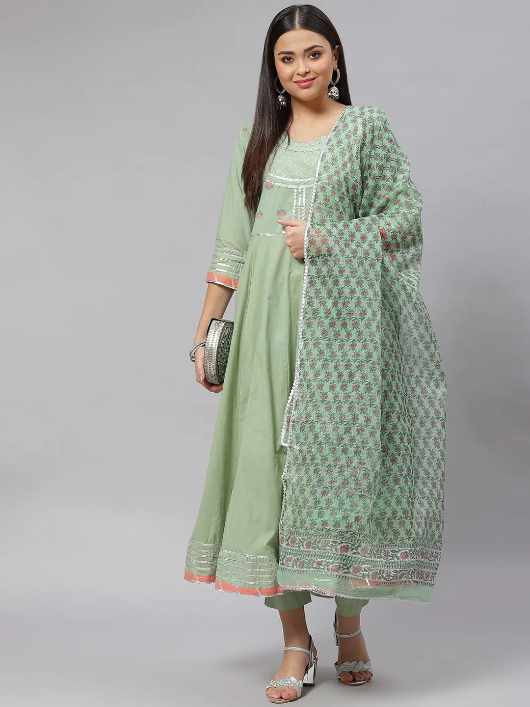 Women Solid Green Anarkali Kurta Pant Set With Kota Doria Dupatta