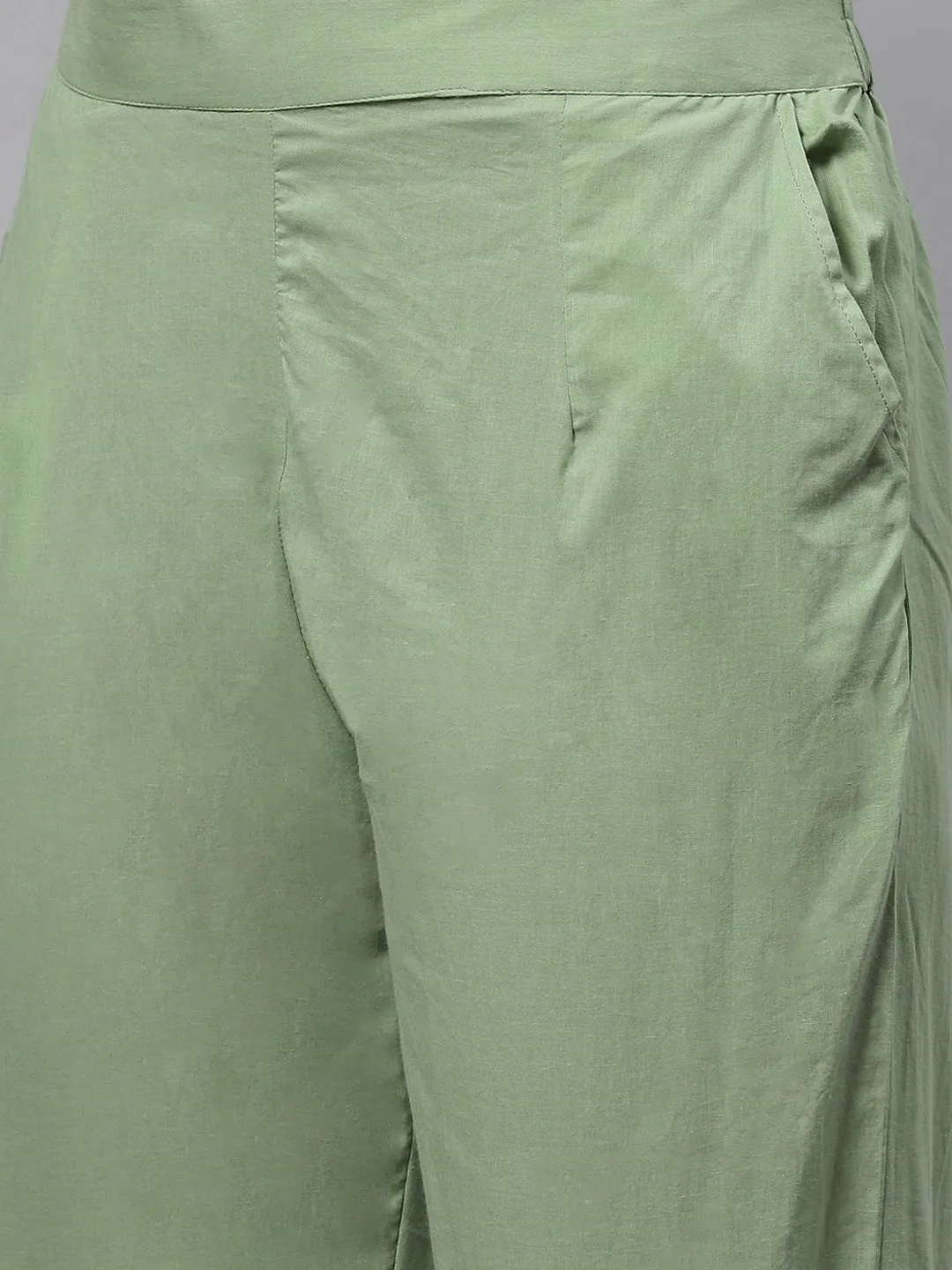 Women Solid Green Anarkali Kurta Pant Set With Kota Doria Dupatta