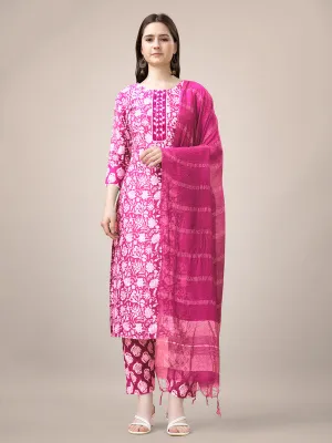 Womens Embroidered & Printed Pink Rayon Kurta Pant Set